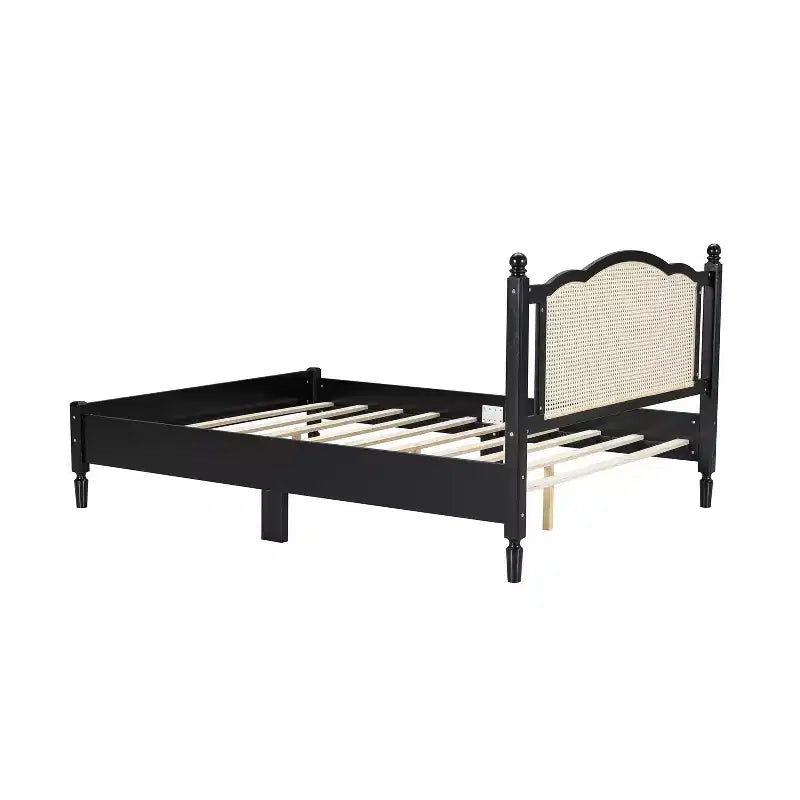 FAMYYT Lit plateforme queen size en bois avec tête de lit en rotin naturel et support à lattes en bois, assemblage facile