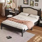 FAMYYT Lit plateforme queen size en bois avec tête de lit en rotin naturel et support à lattes en bois, assemblage facile