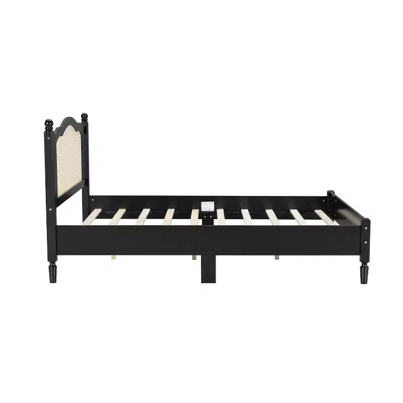 FAMYYT Lit plateforme queen size en bois avec tête de lit en rotin naturel et support à lattes en bois, assemblage facile