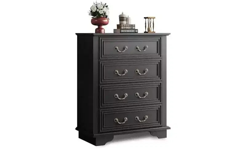DEXYLLO Farmhouse 4 Drawer Dresser for Bedroom, 39 Tall Vintage Wood Chest of Drawers, Rustic Small Dressers with Square Wooden Legs, Black