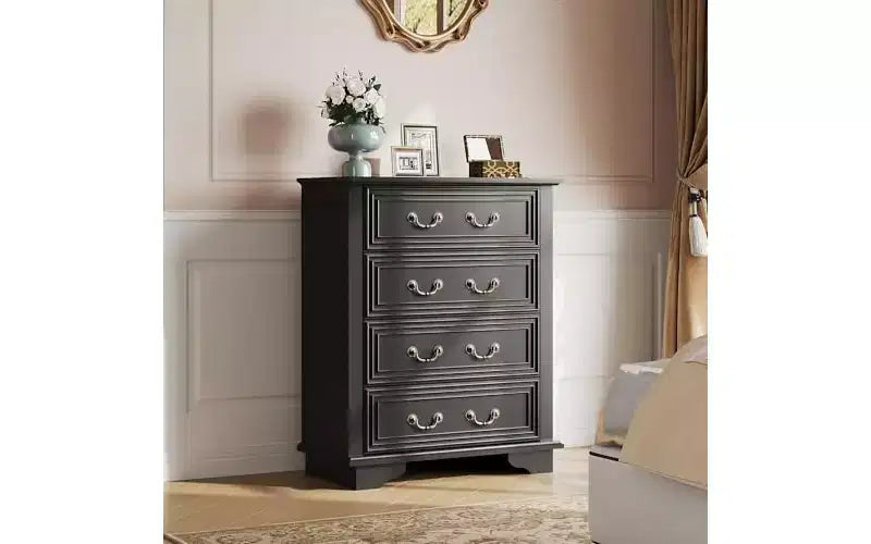 DEXYLLO Commode 4 tiroirs de style campagnard pour chambre à coucher, commode vintage haute de 99 cm en bois, petite commode rustique avec pieds carrés en bois, noir