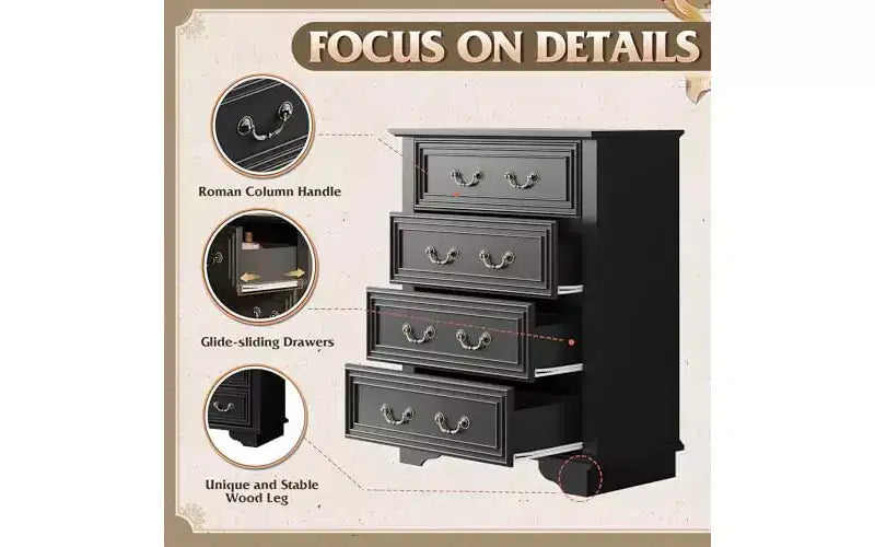 DEXYLLO Commode 4 tiroirs de style campagnard pour chambre à coucher, commode vintage haute de 99 cm en bois, petite commode rustique avec pieds carrés en bois, noir