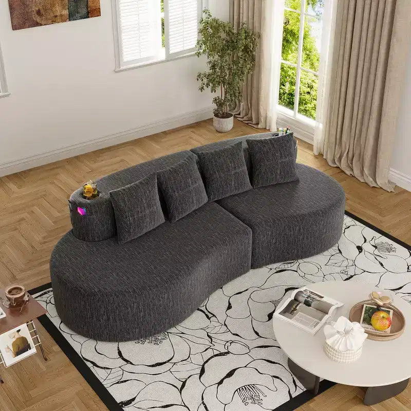 Canapé d'angle modulable incurvé, canapé 3 places avec porte-gobelets, pochette latérale et 4 oreillers pour salon, bureau, appartement - ModernLuxe