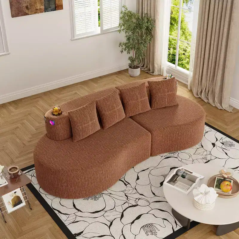 Canapé d'angle modulable incurvé, canapé 3 places avec porte-gobelets, pochette latérale et 4 oreillers pour salon, bureau, appartement - ModernLuxe