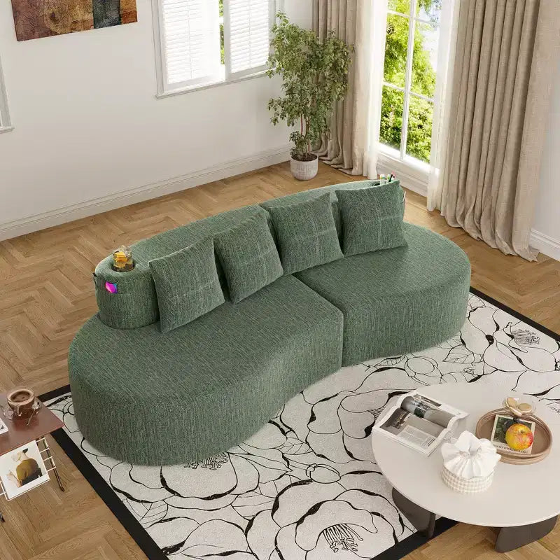 Canapé d'angle modulable incurvé, canapé 3 places avec porte-gobelets, pochette latérale et 4 oreillers pour salon, bureau, appartement - ModernLuxe