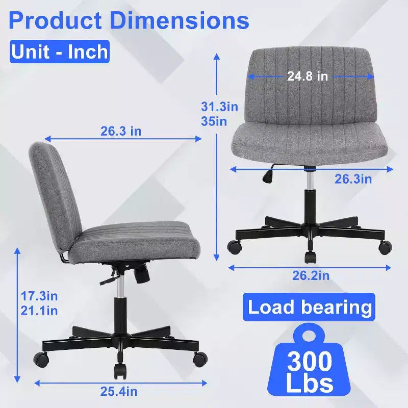 BestMassage Chaise croisée à roulettes, sans accoudoirs, chaise de bureau pivotante réglable en hauteur avec large assise rembourrée pour bureau à domicile