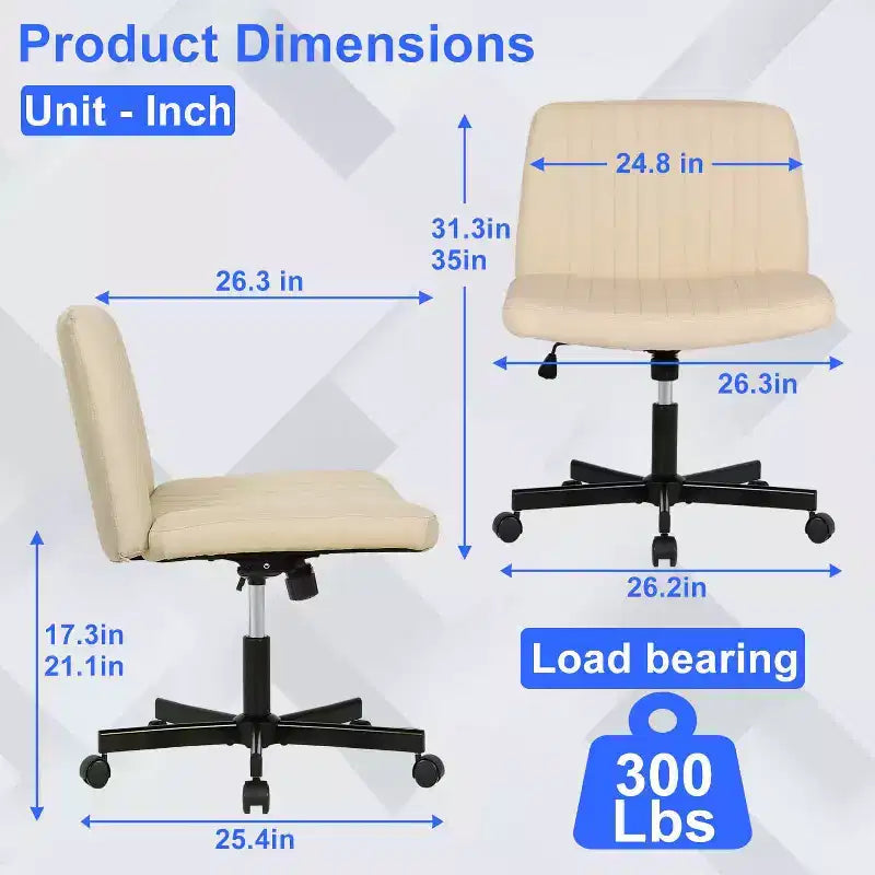 BestMassage Chaise croisée à roulettes, sans accoudoirs, chaise de bureau pivotante réglable en hauteur avec large assise rembourrée pour bureau à domicile