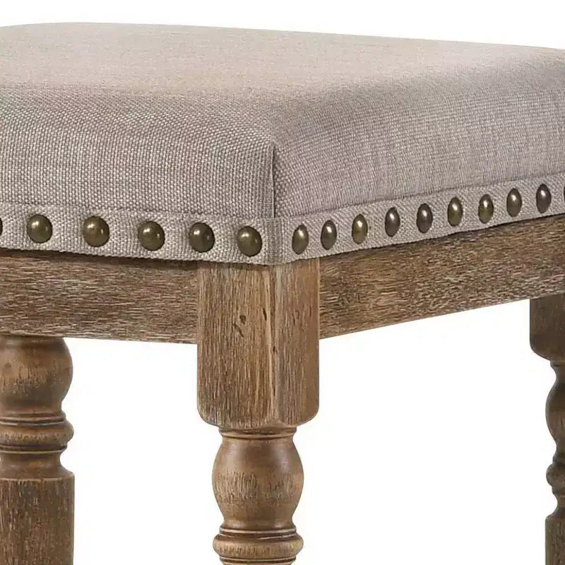 Tabouret de bar Farsiris de 16 po, hauteur comptoir, tissu beige/finition chêne patiné - Acme Furniture : revêtement en lin, clous décoratifs, cadre en bois