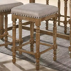 Tabouret de bar Farsiris de 16 po, hauteur comptoir, tissu beige/finition chêne patiné - Acme Furniture : revêtement en lin, clous décoratifs, cadre en bois