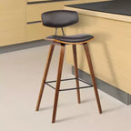 Tabouret de bar Armen Living 26 po Fox Mid-Century, hauteur comptoir, en similicuir marron avec bois de noyer : assise carrée rembourrée, dossier rembourré