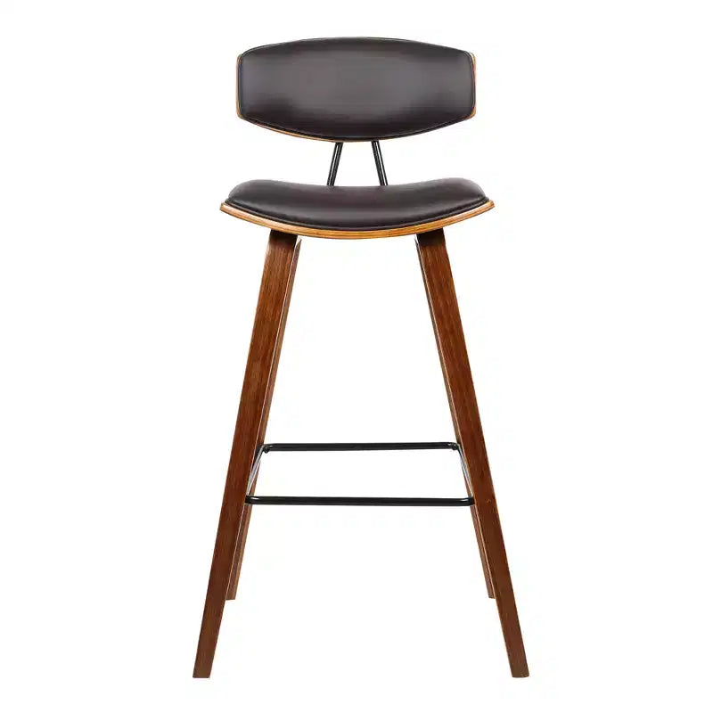 Tabouret de bar Armen Living 26 po Fox Mid-Century, hauteur comptoir, en similicuir marron avec bois de noyer : assise carrée rembourrée, dossier rembourré