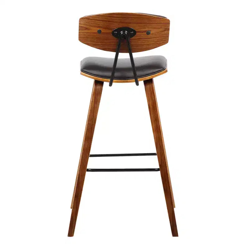 Tabouret de bar Armen Living 26 po Fox Mid-Century, hauteur comptoir, en similicuir marron avec bois de noyer : assise carrée rembourrée, dossier rembourré