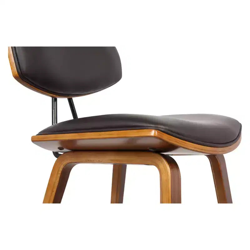 Tabouret de bar Armen Living 26 po Fox Mid-Century, hauteur comptoir, en similicuir marron avec bois de noyer : assise carrée rembourrée, dossier rembourré