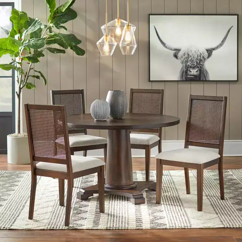 Buylateral Set of 2 Westbury Traditional Cane Dining Chairs Walnut/Cream: Rubberwood Frame, Linen Upholstery