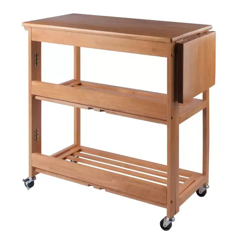 Chariot Pliant Bois/Chêne Clair - Winsome : Chariot de Cuisine Traditionnel, Cadre en Bois Franc, Finition Satinée, Roues Blocables, 2 Étagères