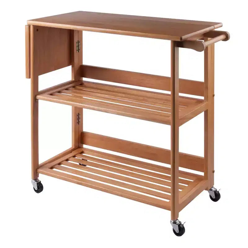 Chariot Pliant Bois/Chêne Clair - Winsome : Chariot de Cuisine Traditionnel, Cadre en Bois Franc, Finition Satinée, Roues Blocables, 2 Étagères