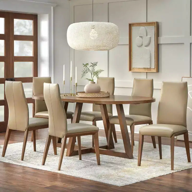 Ensemble de salle à manger moderne 7 pièces Lifestorey Valissa avec chaises en cuir Noyer/Gris taupe