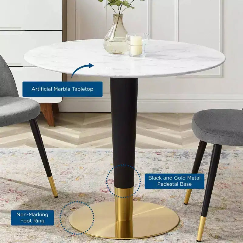 Table à manger en marbre artificiel Zinque 36 po Or/Blanc - Modway : Moderne du milieu du siècle, Non-extensible, Piètement en métal