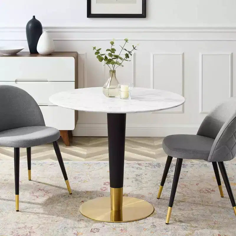 Table à manger en marbre artificiel Zinque 36 po Or/Blanc - Modway : Moderne du milieu du siècle, Non-extensible, Piètement en métal
