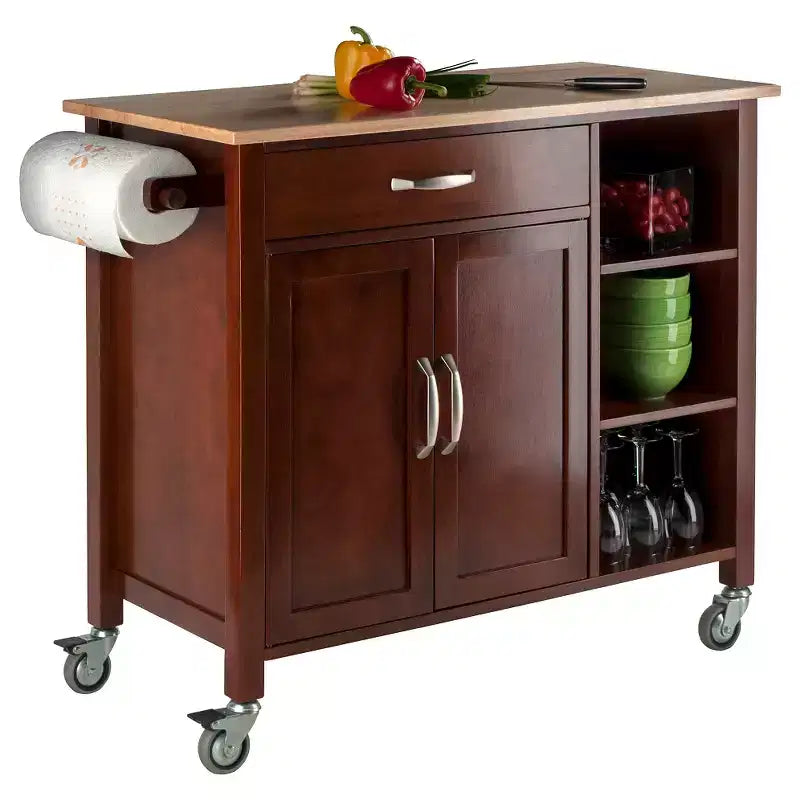 Dessertes de cuisine Mabel, bois/noyer/naturel - Winsome : meuble de rangement mobile avec porte-serviettes, cadre en bois massif