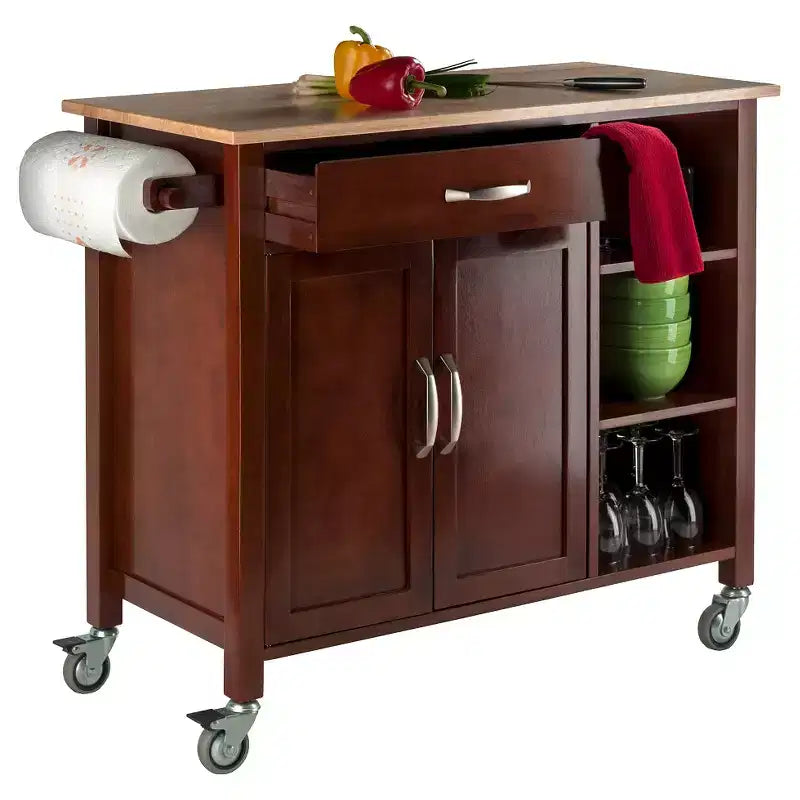 Dessertes de cuisine Mabel, bois/noyer/naturel - Winsome : meuble de rangement mobile avec porte-serviettes, cadre en bois massif
