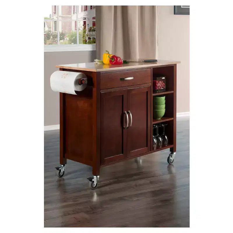Dessertes de cuisine Mabel, bois/noyer/naturel - Winsome : meuble de rangement mobile avec porte-serviettes, cadre en bois massif