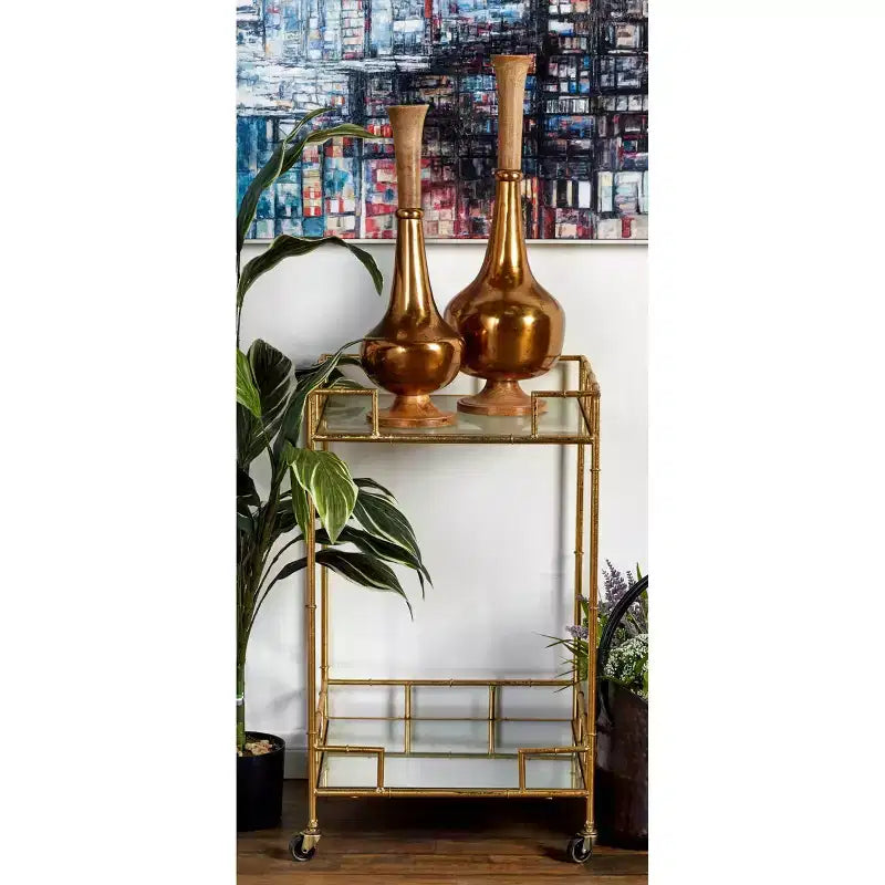 Desserte de bar carrée contemporaine avec 2 plateaux miroirs dorés - Olivia & May : Aucun assemblage requis, étagères fixes, utilisation en intérieur