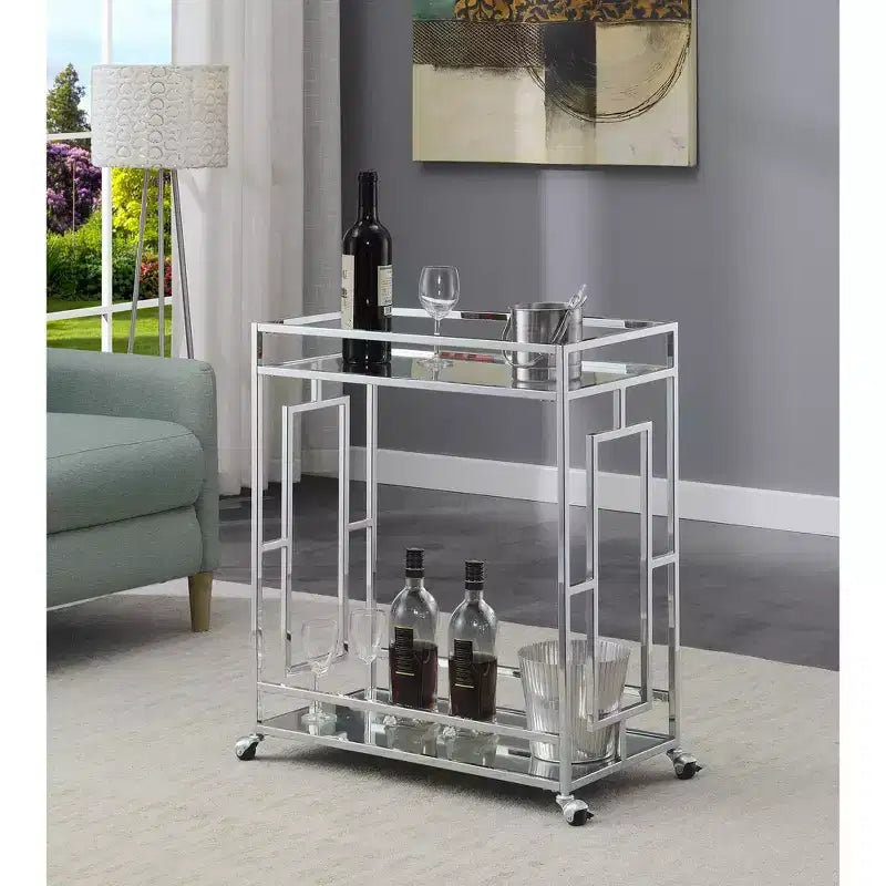 Dessert de bar Town Square Verre/Miroir/Chrome - Breighton Home : Style glamour, 2 étages, roulettes verrouillables