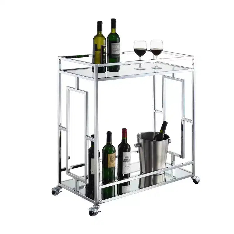 Dessert de bar Town Square Verre/Miroir/Chrome - Breighton Home : Style glamour, 2 étages, roulettes verrouillables