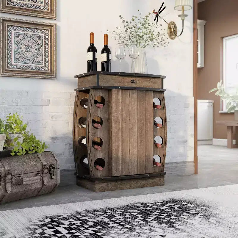 24/7 Shop At Home Mini bar Bundti avec casier à vin 8 bouteilles en chêne recyclé : Étagère réglable, meuble de rangement en MDF