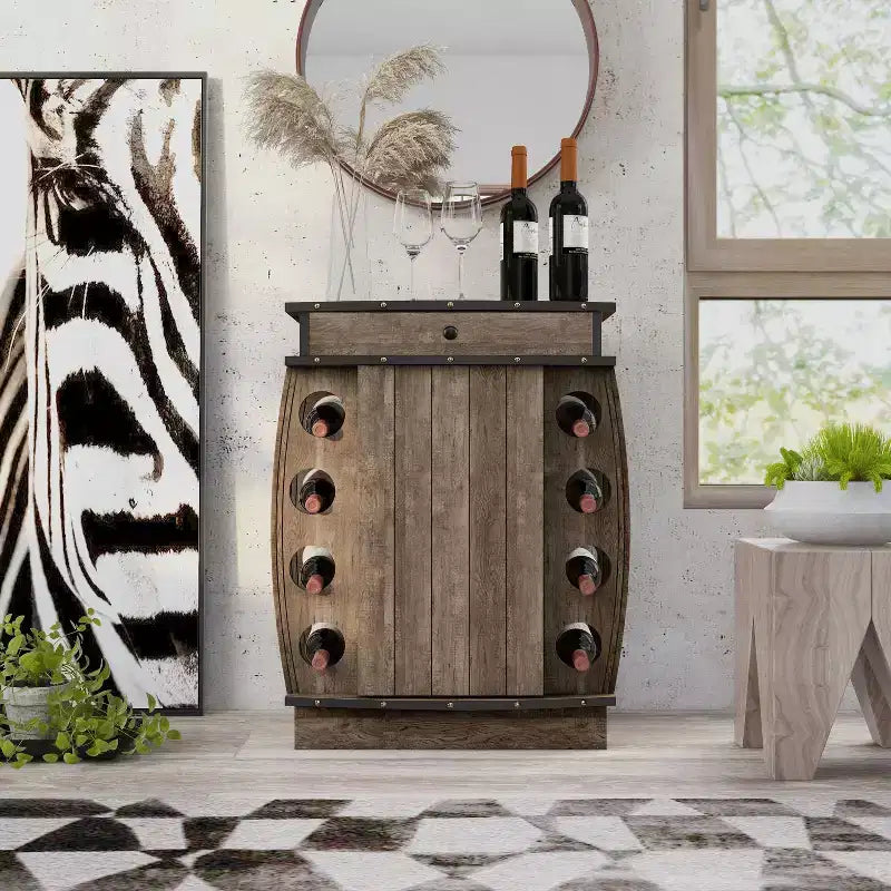 24/7 Shop At Home Mini bar Bundti avec casier à vin 8 bouteilles en chêne recyclé : Étagère réglable, meuble de rangement en MDF