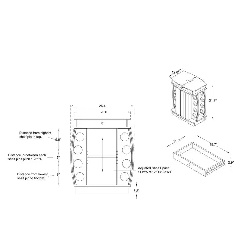 24/7 Shop At Home Mini bar Bundti avec casier à vin 8 bouteilles en chêne recyclé : Étagère réglable, meuble de rangement en MDF