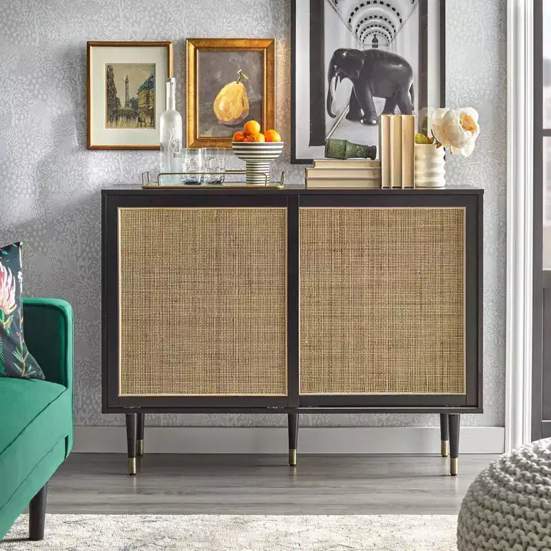 angelo:HOME Buffet Allen Mid-Century Modern Noir/Naturel : Portes Coulissantes en Rotin, Pieds Coniques