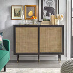 angelo:HOME Buffet Allen Mid-Century Modern Noir/Naturel : Portes Coulissantes en Rotin, Pieds Coniques