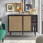 angelo:HOME Buffet Allen Mid-Century Modern Noir/Naturel : Portes Coulissantes en Rotin, Pieds Coniques