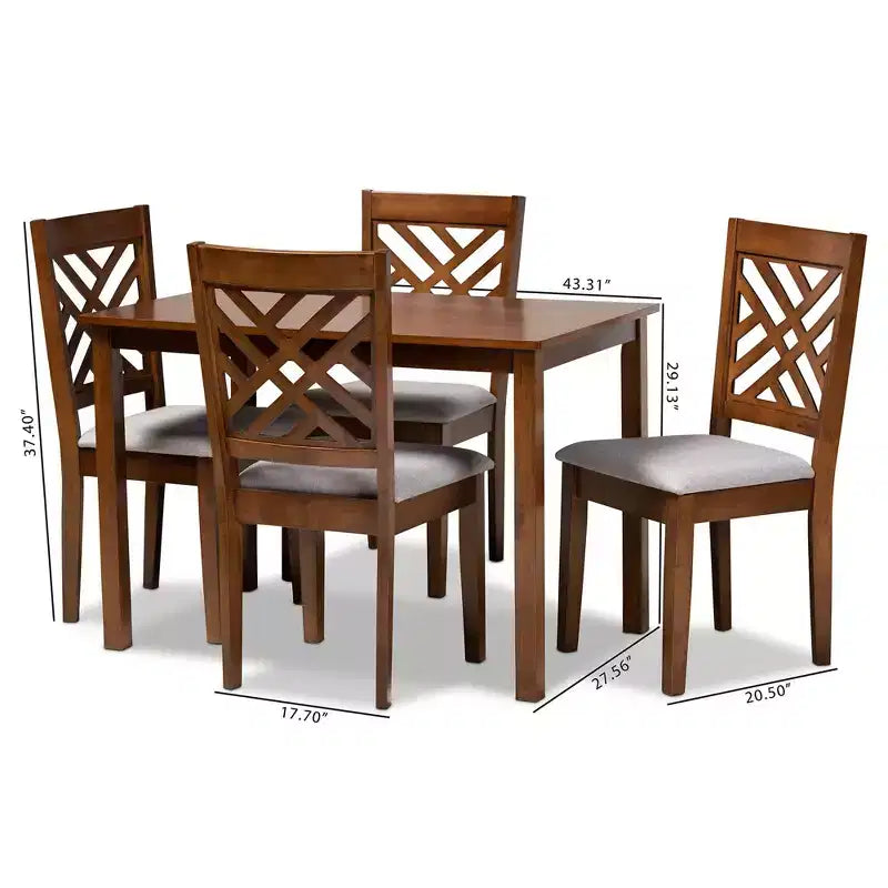 Ensemble de salle à manger 5 pièces en tissu Caron et bois, gris/noyer - Baxton Studio : Table moderne en bois d'hévéa et 4 chaises sans accoudoirs rembourrées