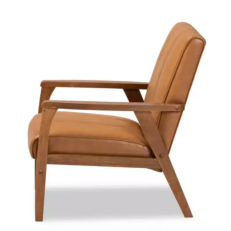 Fauteuil de salon Nikko Mid-Century en bois et similicuir Noyer/Brun - Baxton Studio : Sans accoudoirs, cadre en bois d'hévéa, motif classique