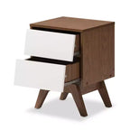 Table de chevet de rangement Hildon Mid-Century Modern en bois à 2 tiroirs : Pieds évasés, fabriquée - Baxton Studio