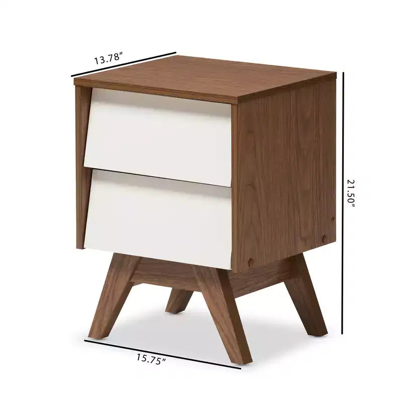 Table de chevet de rangement Hildon Mid-Century Modern en bois à 2 tiroirs : Pieds évasés, fabriquée - Baxton Studio