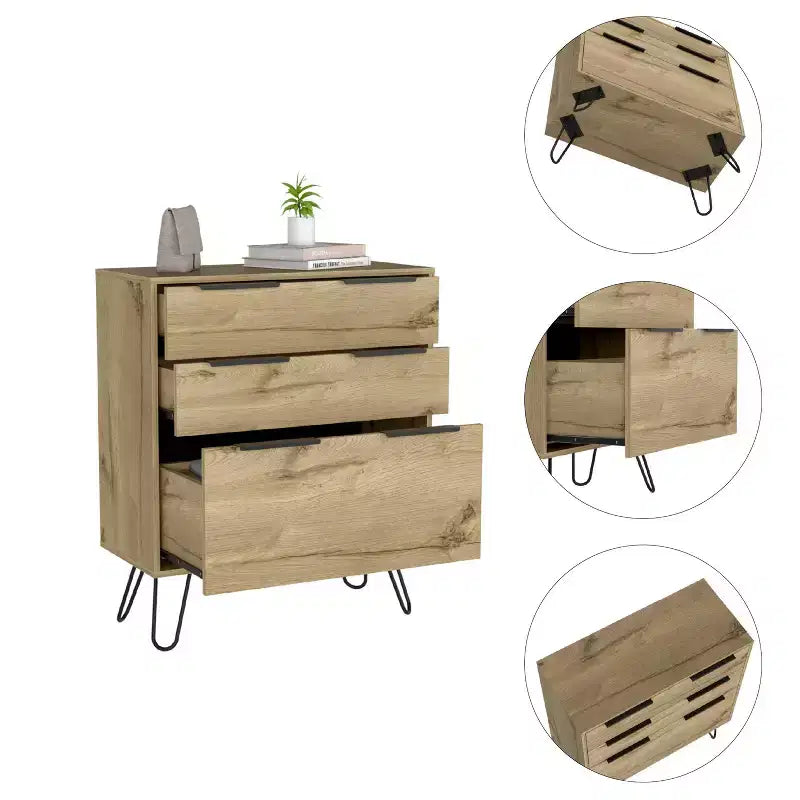 Commode Elfriede Chêne Clair - Boahaus : Pieds Métal, Stratifié Bois, Design Compact, Hauteur 91 cm
