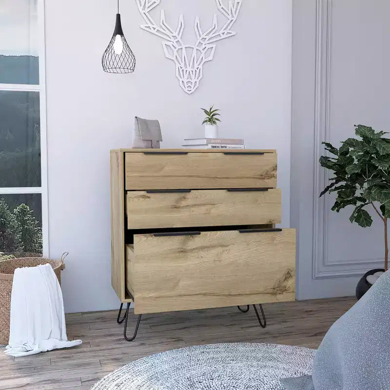 Commode Elfriede Chêne Clair - Boahaus : Pieds Métal, Stratifié Bois, Design Compact, Hauteur 91 cm