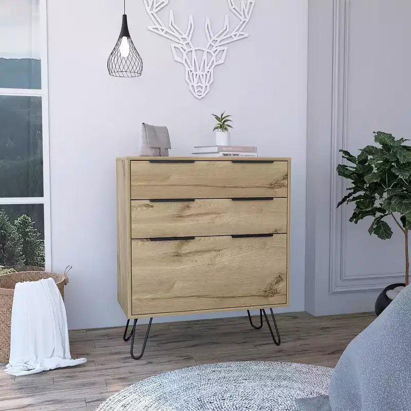 Commode Elfriede Chêne Clair - Boahaus : Pieds Métal, Stratifié Bois, Design Compact, Hauteur 91 cm