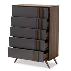 Commode à 5 tiroirs Naoki en bois gris/noyer - Baxton Studio : Rangement moderne, pieds évasés