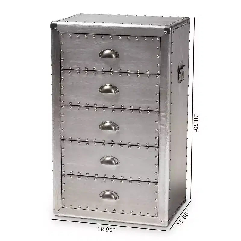 Commode d'appoint métallique à 5 tiroirs Davet Argent - Baxton Studio : Style industriel français, entièrement assemblée