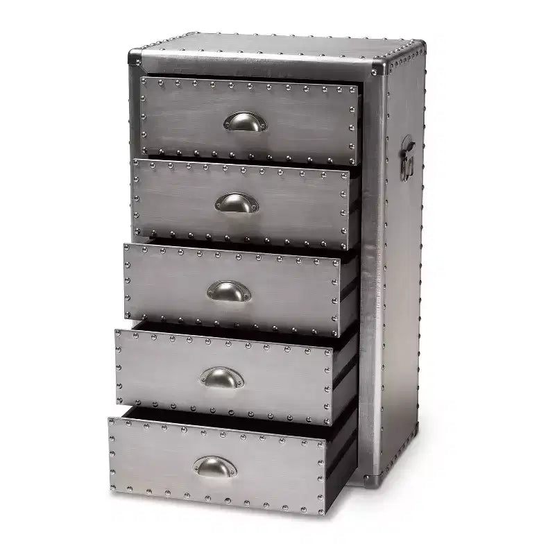 Commode d'appoint métallique à 5 tiroirs Davet Argent - Baxton Studio : Style industriel français, entièrement assemblée