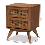 Table de chevet en bois et rotin synthétique : 2 tiroirs, pieds inclinés
