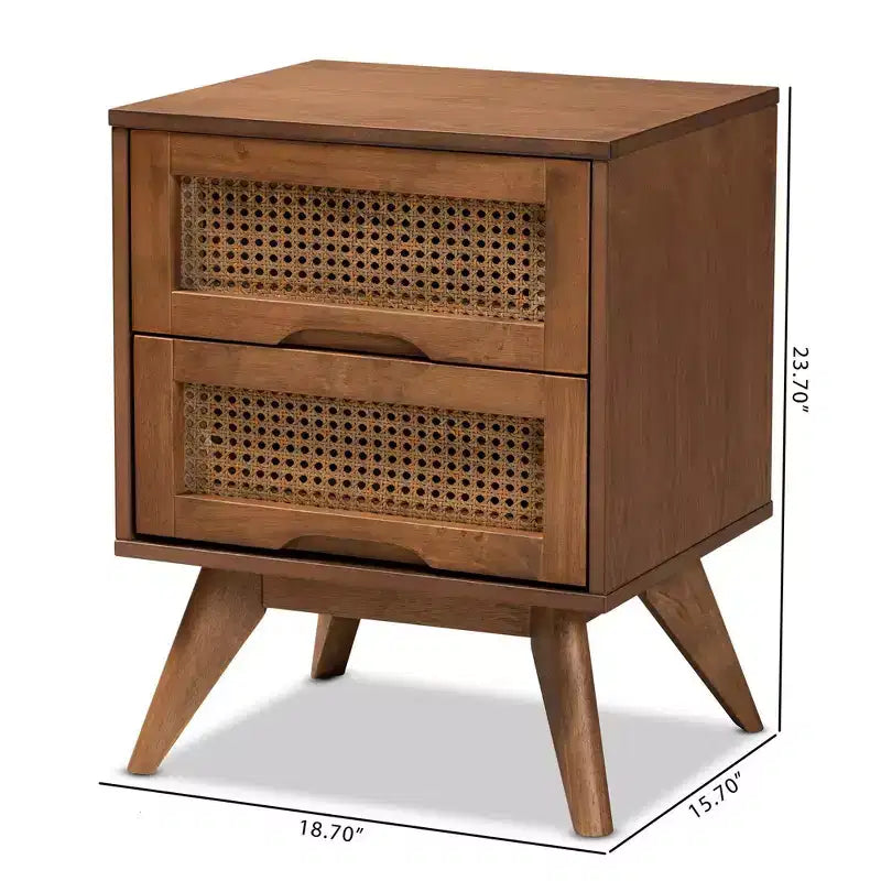 Table de chevet en bois et rotin synthétique : 2 tiroirs, pieds inclinés