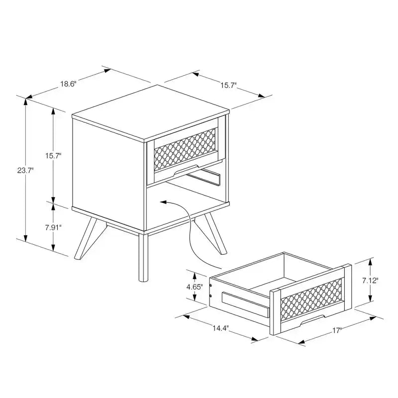 Table de chevet en bois et rotin synthétique : 2 tiroirs, pieds inclinés