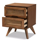 Table de chevet en bois et rotin synthétique : 2 tiroirs, pieds inclinés