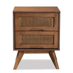 Table de chevet en bois et rotin synthétique : 2 tiroirs, pieds inclinés